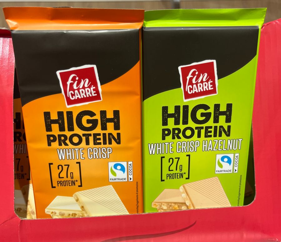 Auch das Dessert hat extra Protein: weisse Schokolade mit ganzen 27 Gramm pro Tafel.