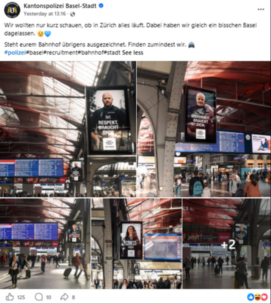 Wer durch den Zürcher Bahnhof schlendert, dem dürfte die Werbung der Kantonspolizei vom Rheinknie auffallen.