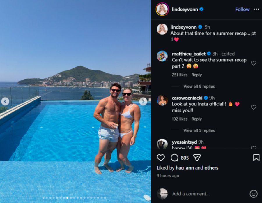 Seite an Seite geniessen Lindsey Vonn und Matthieu Bailet die Aussicht – ihre Beziehung ist längst kein Geheimnis mehr.