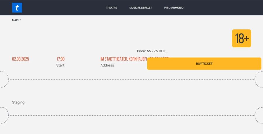 Die Seite sieht auf den ersten Blick so aus, wie man sich eine Billett-Seite vorstellt.