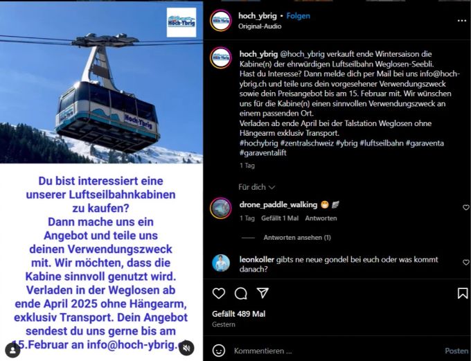 Interessierte können ab sofort Angebote für die Kabinen der Luftseilbahn Weglosen-Seebli abgeben. Hoch-Ybrig Seilbahn-Kabinen