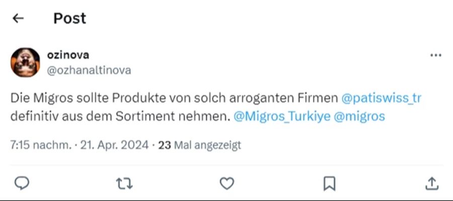 Er schreibt sowohl der türkischen als auch der Schweizer Migros, sie solle die Zusammenarbeit mit Patiswiss beenden.