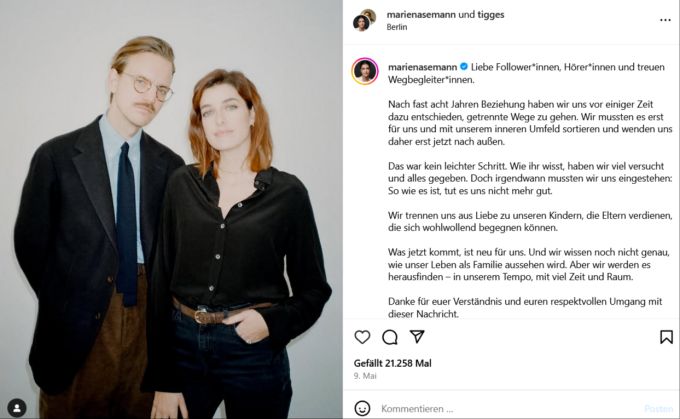 Nasemann und Tigges veröffentlichten ein gemeinsames Statement zur Trennung. marie nasemann