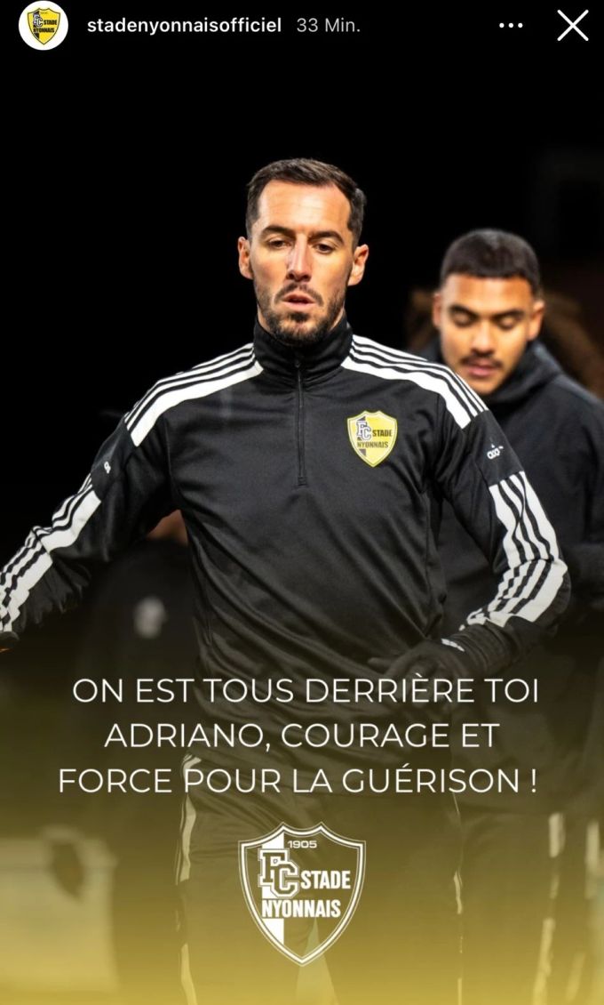 Stade Nyonnais postet nach dem Zwischenfall: «Wir stehen alle hinter dir, Adriano. Viel Mut und Kraft für die Genesung.» Nyon