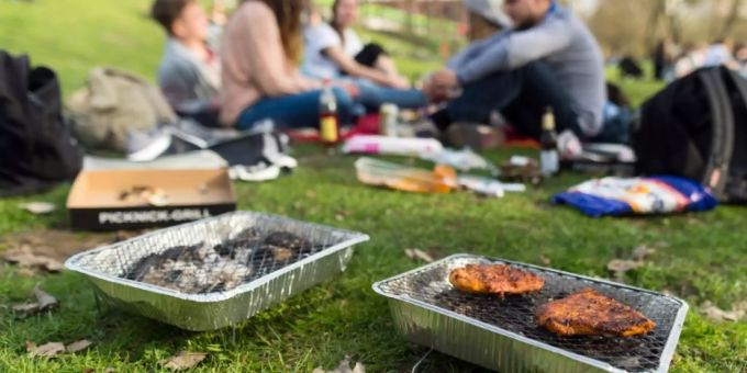 Gruppe beim Grillen im Park Gruppe beim Grillen im Park