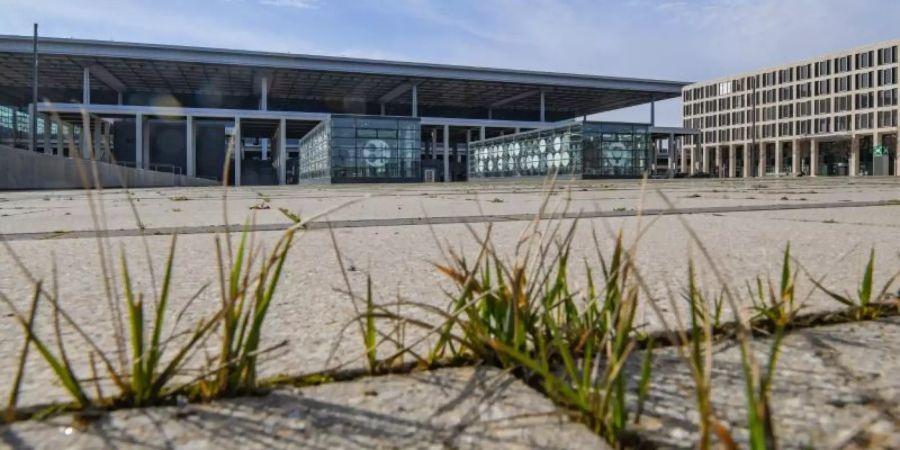 Gras wächst zwischen den Fugen auf einem Platz vor dem Terminal des Hauptstadtflughafens Berlin Brandenburg Willy Brandt (BER). Foto: Patrick Pleul