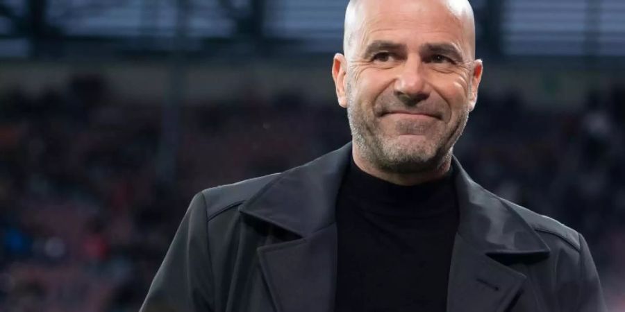 Leverkusens Trainer Peter Bosz schaute seiner Mannschaft in Augsburg zufrieden zu. Foto: Sven Hoppe