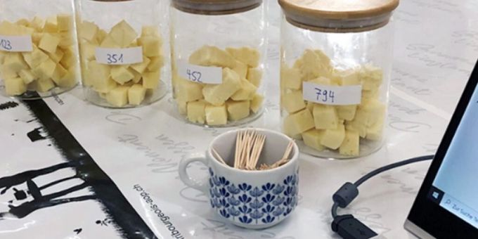 Die Versuchsanordnung: Gereifte und junge Vacherin Fribourgeois AOP aus Roh- und wärmebehandelter Milch. Die Versuchsanordnung: Gereifte und junge Vacherin Fribourgeois AOP aus Roh- und wärmebehandelter Milch.