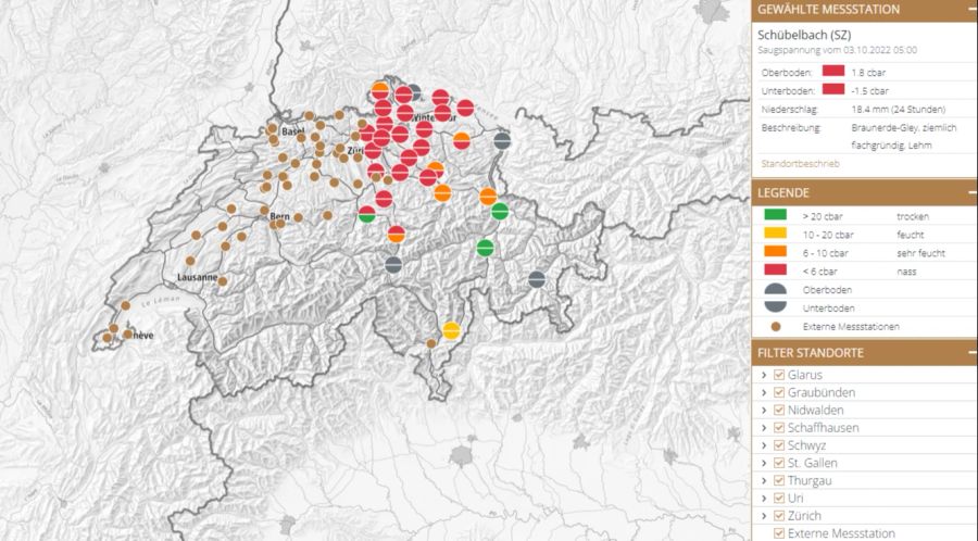 Auch in den Kantonen Zürich, St. Gallen und Luzern sind die Böden mehrheitlich nass. In Graubünden sind diese vielerorts trocken.