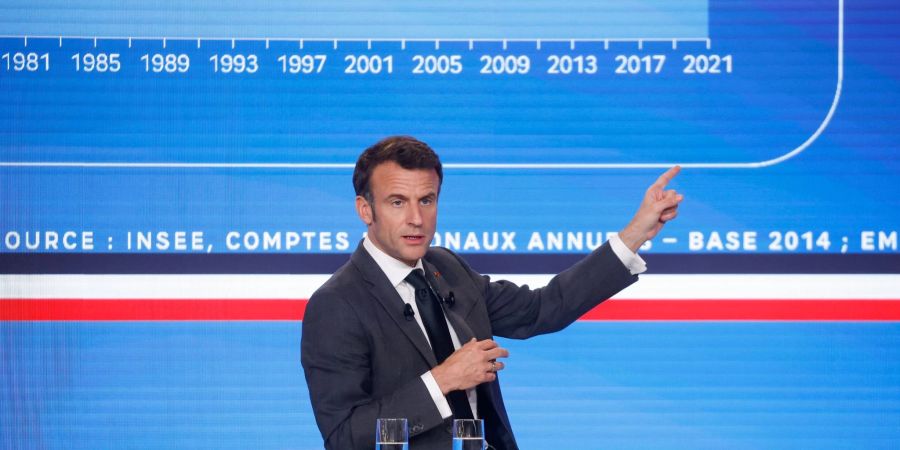 Emmanuel Macron, Präsident von Frankreich, spricht während einer Konferenz mit einigen Vertretern der französischen Industrie.