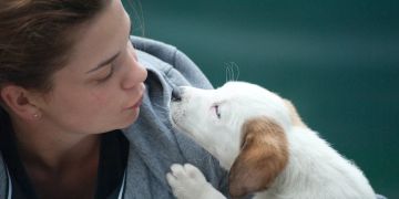 Frau küsst Hund