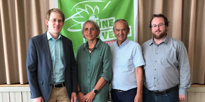 Mitglieder der Grünen St. Gallen und Thurgau: Sebastian Koller, Sandra Reinhart, Kurt Egger und Michael Sarbach (von links nach rechts). Sebastian Koller, Sandra Reinhart, Kurt Egger und Michael Sarbach