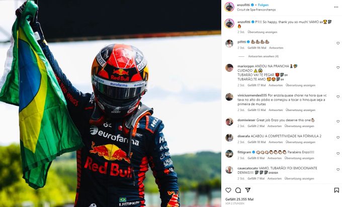 Der Brasilianer Fittipaldi freut sich über seinen Premierensieg in der Formel 2. Formel 2 Sprintrennen Spa.