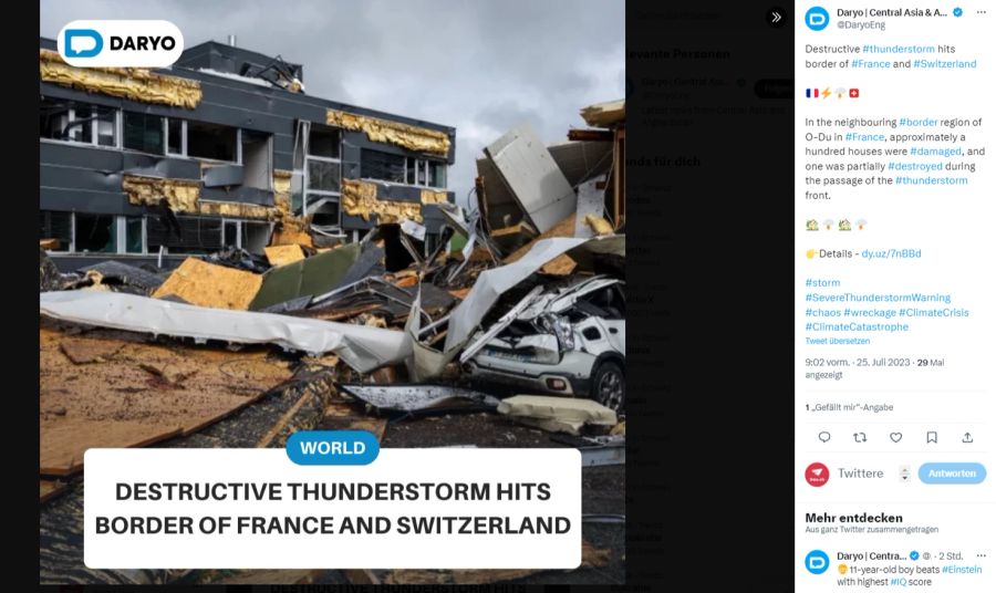 Sogar die usbekische Zeitung «Daryo» berichtet über den mutmasslichen Tornado.