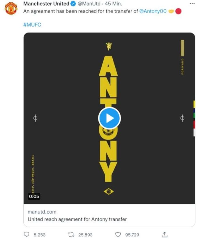 Manchester United vermeldet den bevorstehenden Transfer von Ajax-Star Antony. Antony Manchester United
