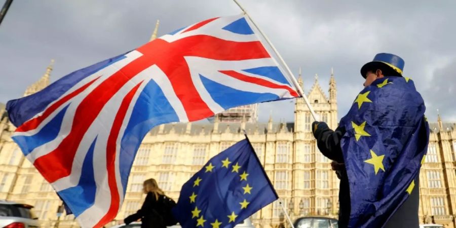 Demonstrant mit britischer und EU-Flagge