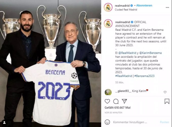 Karim Benzema und Präsident Florentino Perez posieren für die Kamera. karim benzema