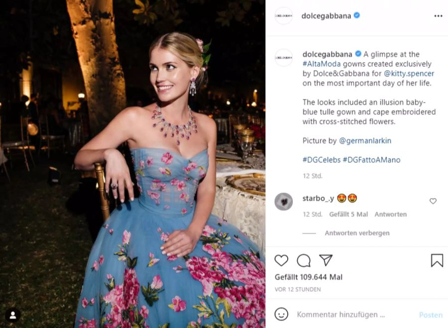 Dieses speziell für sie angefertigte Kleid von Dolce & Gabbana trug Kitty Spencer am Abend vor ihrer Hochzeit.