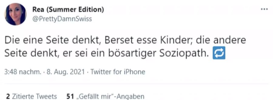 Die Userin «Rea (Summer Edition)» beschreibt aus ihrer Sicht, wie auf Twitter Alain Berset dargestellt wird.