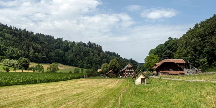 Häuser und Felder im Köniztal zwischen Kehrsatz und Schliern bei Köniz.