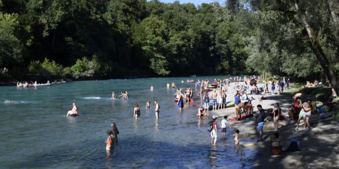 Dutzende Menschen gehen im Eichholz in die Aare. Eichholz