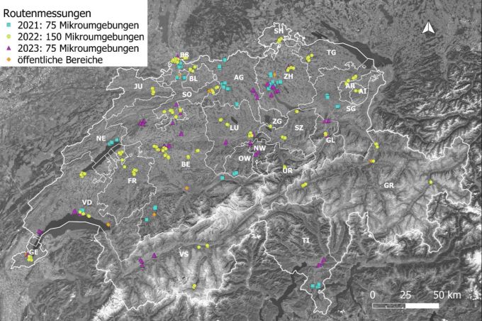 Standorte von Routenmessungen in sogenannten Mikroumgebungen, die in den Bericht zur Strahlenbelastung einfliessen. Routenmessungen Mikroumgebungen Mobilfunkstrahlung 5G