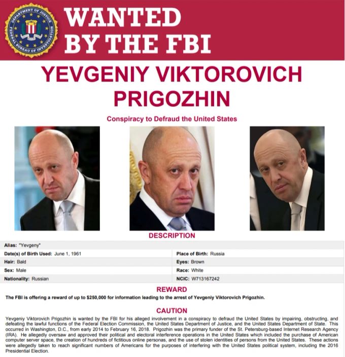 Das Federal Bureau of Investigation schreibt den Söldnerführer zur Fahndung aus. Fahndungsposter FBI Jewgeni Prigoschin