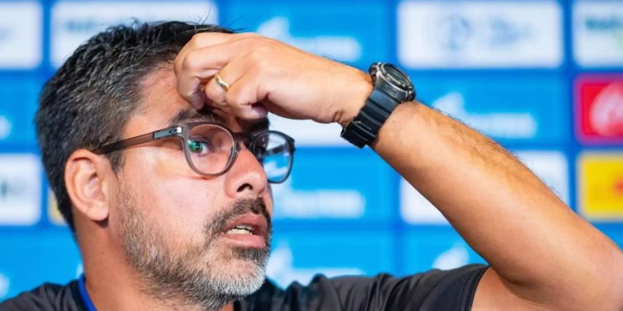 Schalke-Trainer David Wagner auf der Pressekonferenz in Gelsenkirchen. Foto: Guido Kirchner