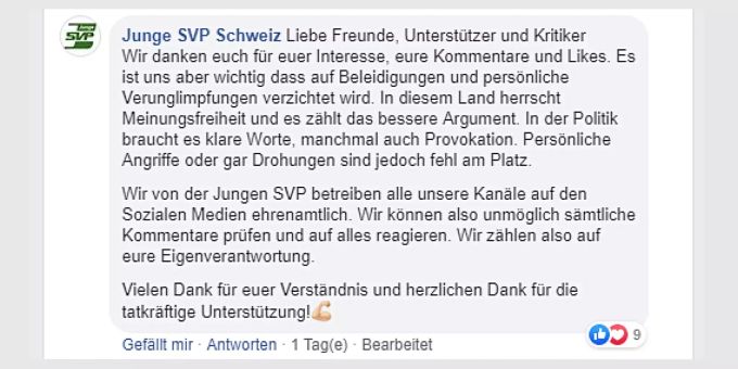 Die Junge SVP bat darum, auf Beleidigungen und Verunglimpfungen zu verzichten. facebook jsvp