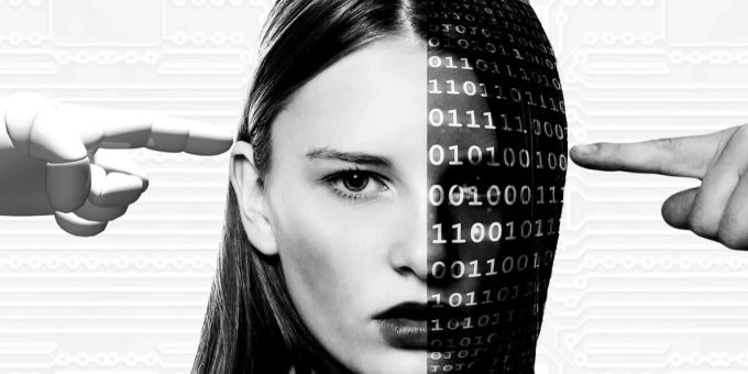 Eine Roboterhand und eine Menschenhand zeigen auf eine Frau. Künstliche Intelligenz Frau