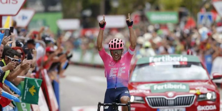 Der Kolumbianer Sergio Higuita feiert seinen Etappensieg, als er die Ziellinie überquert. Foto: Yuzuru Sunada/BELGA