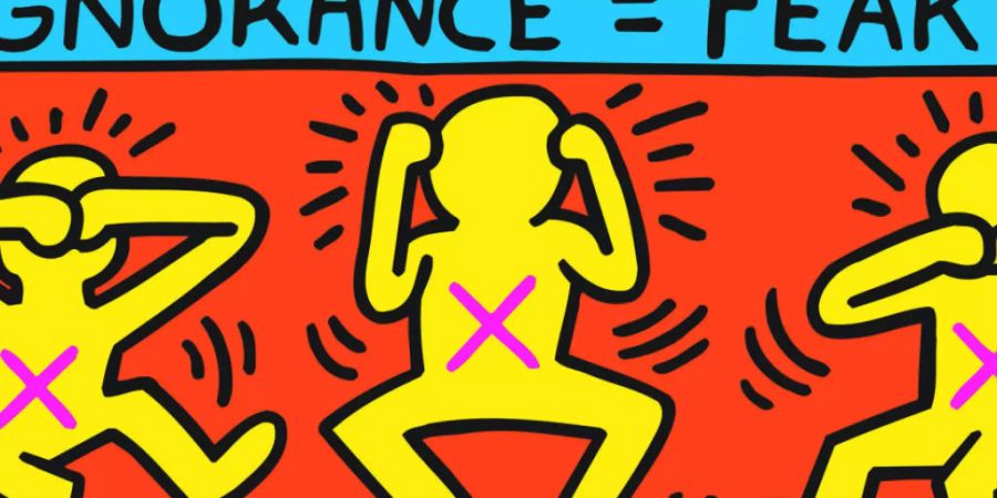Das Werk «Ignorance = Fear, Silence = Death» (1989) von Keith Haring ist Teil der Ausstellung «United by AIDS» im Migros Museum in Zürich. Sie dauert vom 31. August bis 10. November 2019.