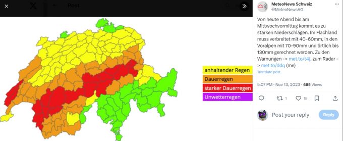 In der Schweiz herrscht regnerisches Wetter mindestens bis Mittwochmittag. Wetter Unwetter