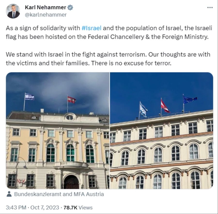 Auf dem österreichischen Kanzleramt und Aussenministerium wehen Israel-Fahnen.