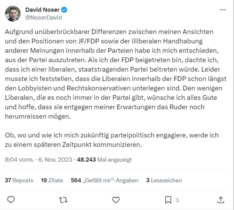 Noser FDP ausgetreten