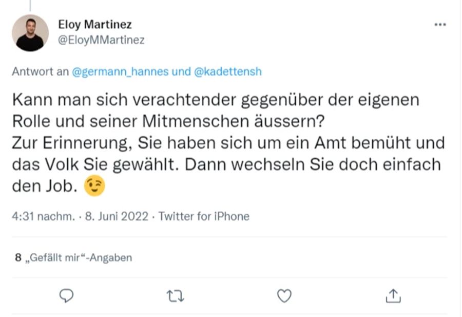 Ein Twitter-Nutzer empört sich über die «verachtende» Äusserung Germanns.