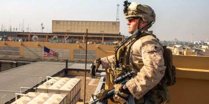 US-Soldat bei Sicherung der US-Botschaft in Bagdad. US-Botschaft Bagdad