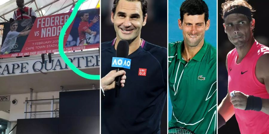 Ein Einkaufszentrum in Kapstadt verwechselte Rafael Nadal und Novak Djokovic vor dem Show-Duell mit Roger Federer.