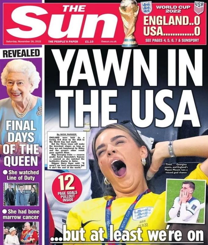 So titelte «The Sun» nach dem 0:0-Remis der Engländer an der WM 2022 gegen die USA. Die gähnenden Spielerfrauen geben auf der Insel zu reden. WM 2022