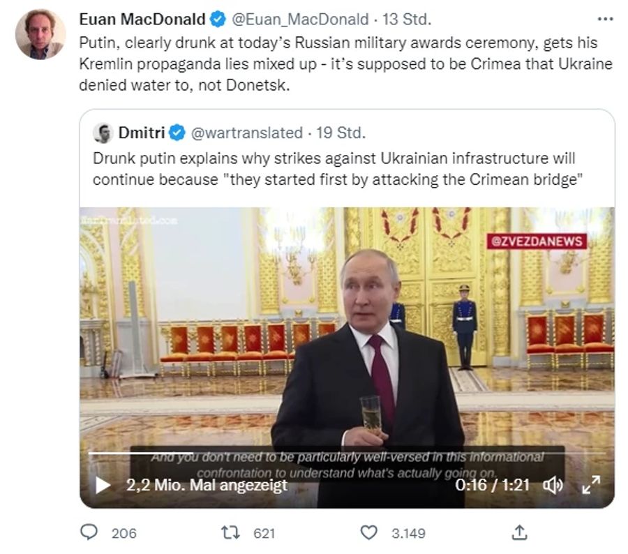 Auch der Publizist und Ukraine-Experte Euan MacDonald reagiert auf dem Kurznachrichtendienst auf Putins Rede.