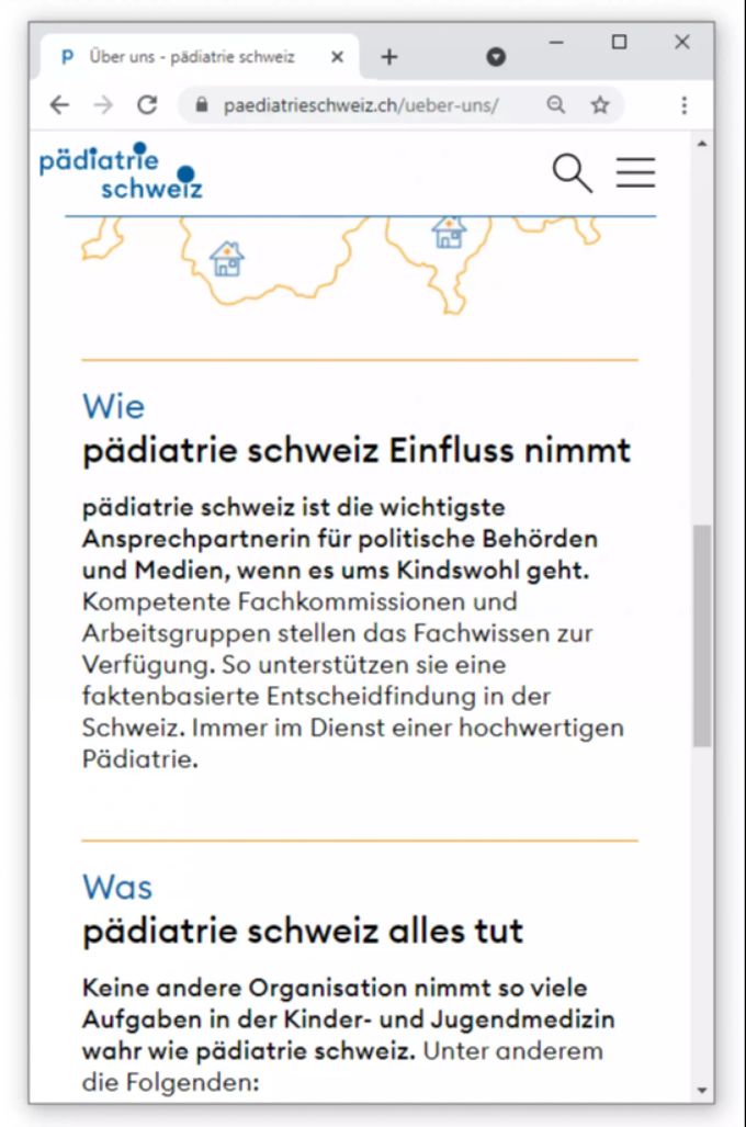 Ausschnitt aus der Website des Verband Pädiatrie Schweiz, der die Kinderärzte in Spitälern und Praxen der ganzen Schweiz repräsentiert. Website Pädiatrie Schweiz Kinderärzte
