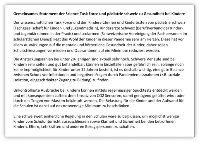 Das gemeinsame Statement des Taskforce des Bundes und des Verbands Pädiatrie Schweiz vom 24. September 2021 zu Massnahmen im schulischen Bereich. Gemeinsames Statement Taskforce Pädiatrie