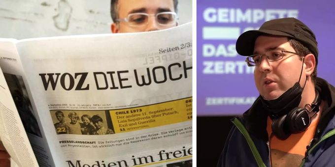 Die WOZ lehnt ein Inserat des Komitees «Geimpfte gegen das Zertifikat» ab. Dessen Koordinator Hernãni Marques (rechts) erklärt, warum es von einer SVP-Agentur finanziert wird. WOZ Marques Zertifikat Inserat
