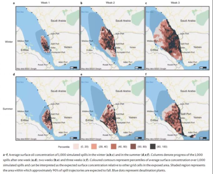 Die Grafik aus der wissenschaftlichen Studie zeigt die Ausbreitung des Öls bei einem Leck im Öltanker FSO Safer. Jemen Öltanker