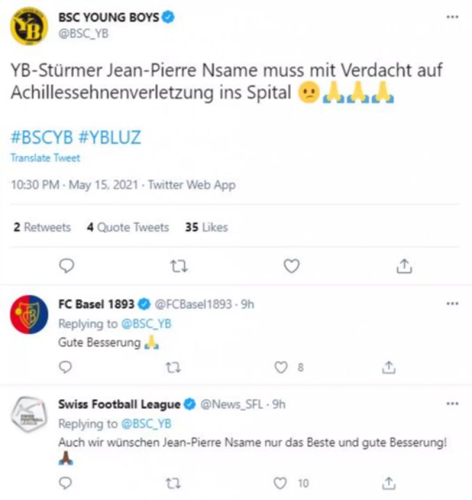 Sogar Dauerrivale FC Basel wünscht Jean-Pierre Nsame gute Besserung. BSC Young Boys