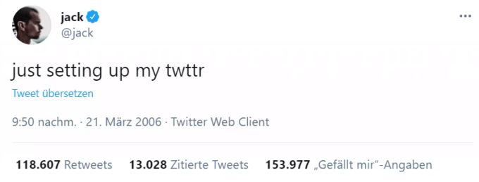 Der allererste Tweet auf Twitter stammt von Jack Dorsey. Eine Kopie davon wird nun als NFT verkauft. NFT Tweet Versteigerung