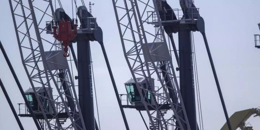 Mobile Kräne im Rostocker Seehafen. Die deutsche Industrie profitiert laut Bundesbank bereits seit geraumer Zeit von einer starken Nachfrage im Zuge der weltweiten Konjunkturerholung. Foto: Jens Büttner/dpa-Zentralbild/dpa