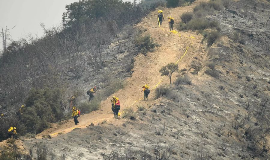 Feuerwehrleute legen eine Schlauchleitung entlang eines Bergrückens während des El Dorado Fire.