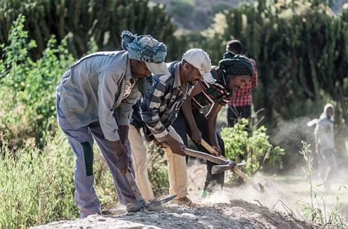 Das Projekt von World Vision «Farmer Managed Natural Regeneration» zur Wiederbegrünung verwüsteter Böden. Drei Männer bestellen ein Feld