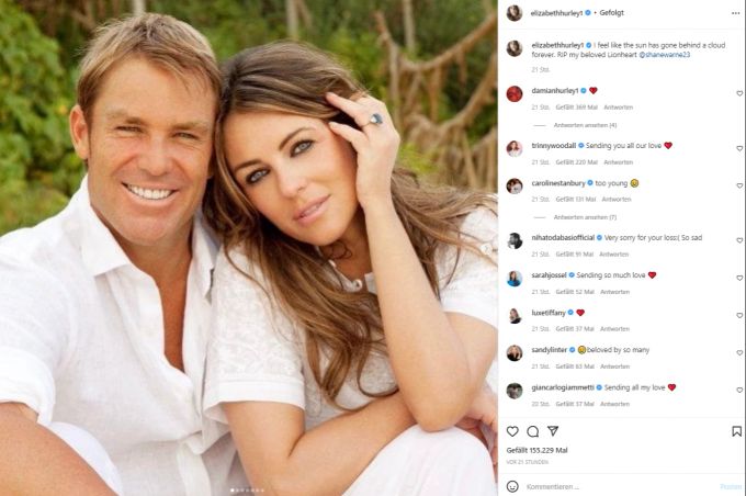 Elizabeth Hurley trauert um den kürzlich verstorbenen Shane Warne. Elizabeth Hurley